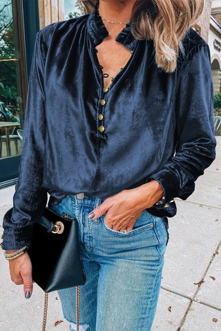 ***clearance**** Navy Blue Frilled Buttoned V Neck Velvet Blouse