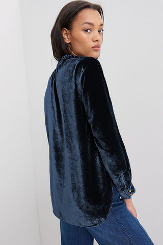 ***clearance**** Navy Blue Frilled Buttoned V Neck Velvet Blouse