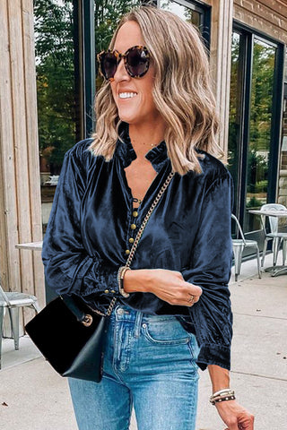 ***clearance**** Navy Blue Frilled Buttoned V Neck Velvet Blouse