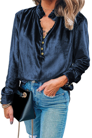 ***clearance**** Navy Blue Frilled Buttoned V Neck Velvet Blouse