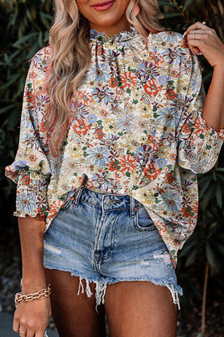 CLEARANCE Shirred Cuffs Bubble Sleeve Floral Blouse