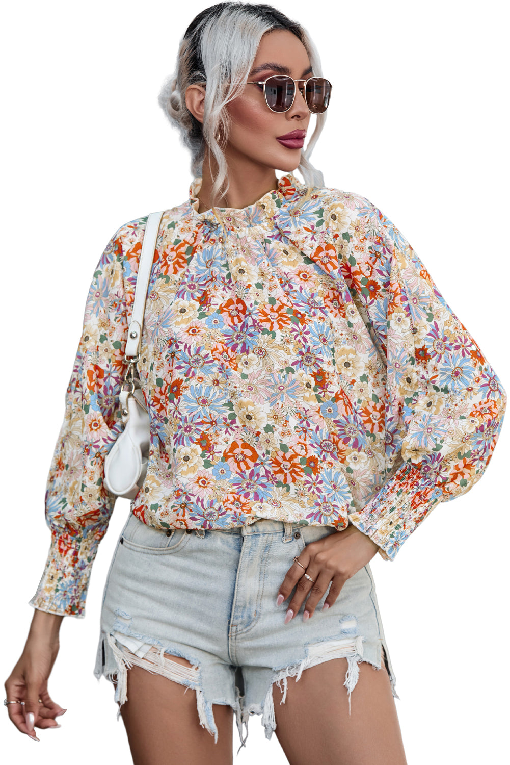 Multicolor Shirred Cuffs Bubble Sleeve Floral Blouse