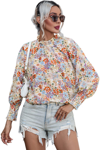 CLEARANCE Shirred Cuffs Bubble Sleeve Floral Blouse