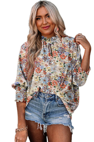CLEARANCE Shirred Cuffs Bubble Sleeve Floral Blouse