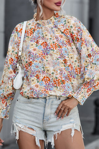 CLEARANCE Shirred Cuffs Bubble Sleeve Floral Blouse