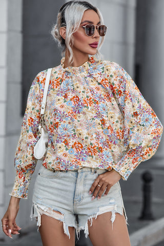 CLEARANCE Shirred Cuffs Bubble Sleeve Floral Blouse