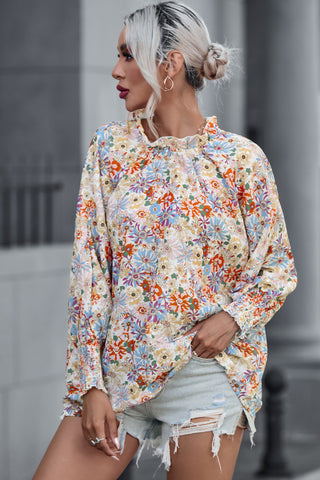 CLEARANCE Shirred Cuffs Bubble Sleeve Floral Blouse