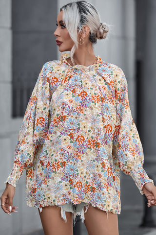 CLEARANCE Shirred Cuffs Bubble Sleeve Floral Blouse