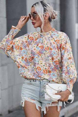 CLEARANCE Shirred Cuffs Bubble Sleeve Floral Blouse