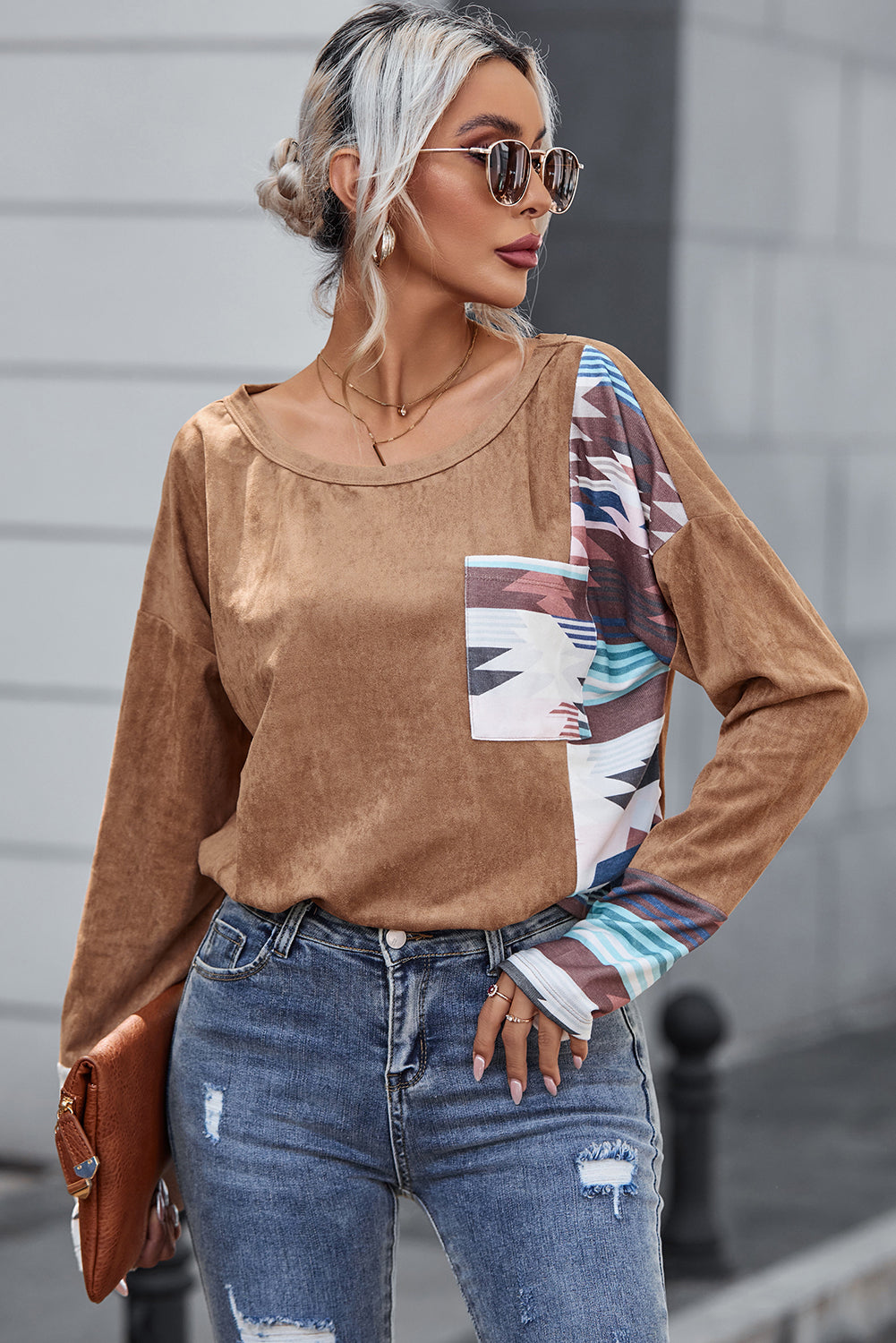 Brown Aztec Print Patchwork Chest Pocket Long Sleeve Top