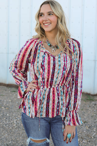 CLEARANCE Multicolour Western Aztec Split Neck Peplum Blouse
