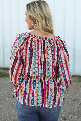 CLEARANCE Multicolour Western Aztec Split Neck Peplum Blouse