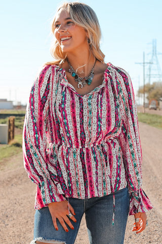 CLEARANCE Multicolour Western Aztec Split Neck Peplum Blouse
