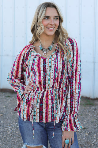 CLEARANCE Multicolour Western Aztec Split Neck Peplum Blouse
