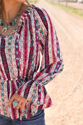 CLEARANCE Multicolour Western Aztec Split Neck Peplum Blouse
