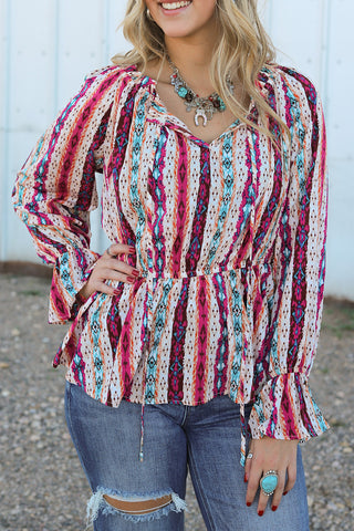 CLEARANCE Multicolour Western Aztec Split Neck Peplum Blouse