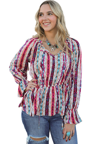 CLEARANCE Multicolour Western Aztec Split Neck Peplum Blouse