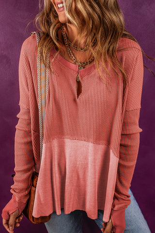 Clearance Red Exposed Seam Slit Neck Waffle Knit Patchwork Top