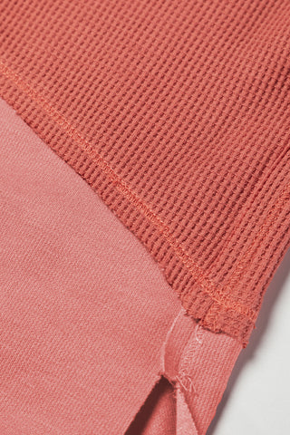 Clearance Red Exposed Seam Slit Neck Waffle Knit Patchwork Top