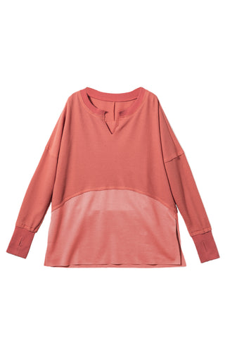 Clearance Red Exposed Seam Slit Neck Waffle Knit Patchwork Top