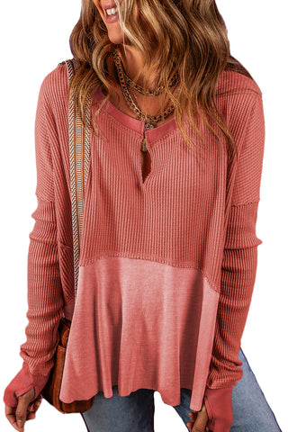 Clearance Red Exposed Seam Slit Neck Waffle Knit Patchwork Top