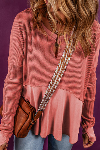 Clearance Red Exposed Seam Slit Neck Waffle Knit Patchwork Top