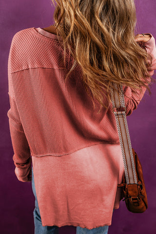 Clearance Red Exposed Seam Slit Neck Waffle Knit Patchwork Top