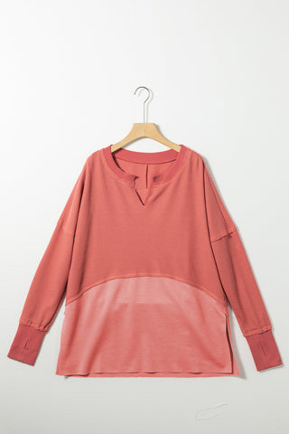 Clearance Red Exposed Seam Slit Neck Waffle Knit Patchwork Top