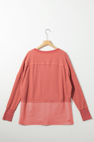 Clearance Red Exposed Seam Slit Neck Waffle Knit Patchwork Top