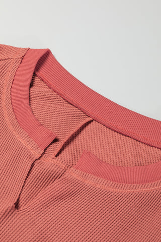 Clearance Red Exposed Seam Slit Neck Waffle Knit Patchwork Top