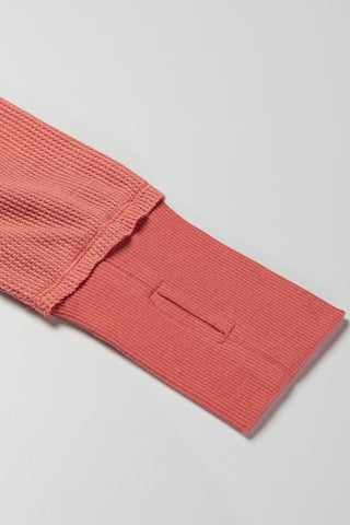 Clearance Red Exposed Seam Slit Neck Waffle Knit Patchwork Top