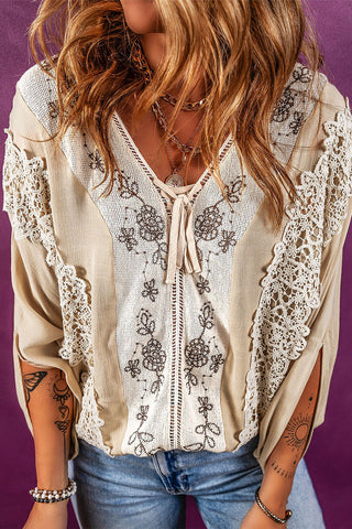 CLEARANCE Lace Crochet Patchwork Slit Sleeve Loose Blouse