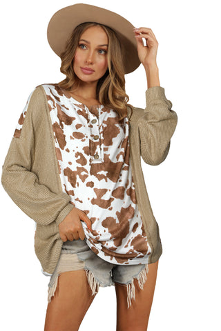 CLEARANCE  Pale Khaki Animal Print Textured Patch Lantern Sleeve Henley Blouse