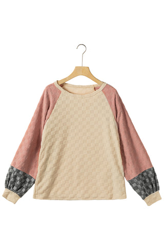 CLEARANCE Patchwork Checked Pattern Lantern Sleeve Top