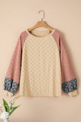 CLEARANCE Patchwork Checked Pattern Lantern Sleeve Top