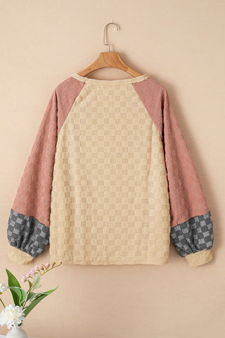 CLEARANCE Patchwork Checked Pattern Lantern Sleeve Top