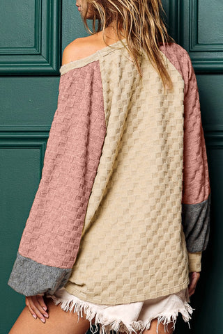 CLEARANCE Patchwork Checked Pattern Lantern Sleeve Top