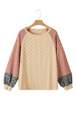 CLEARANCE Patchwork Checked Pattern Lantern Sleeve Top