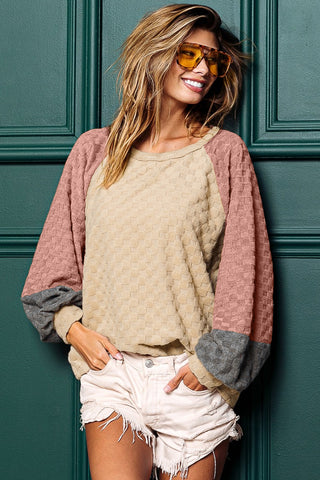 CLEARANCE Patchwork Checked Pattern Lantern Sleeve Top