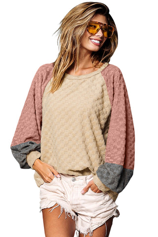 CLEARANCE Patchwork Checked Pattern Lantern Sleeve Top
