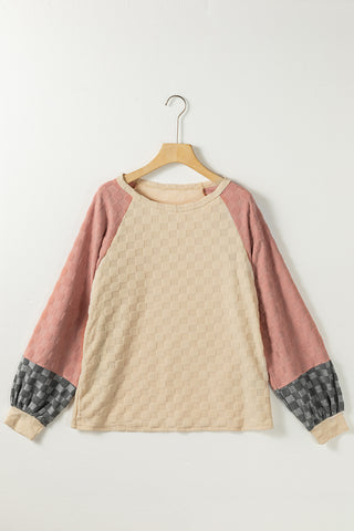 CLEARANCE Patchwork Checked Pattern Lantern Sleeve Top