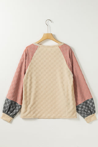 CLEARANCE Patchwork Checked Pattern Lantern Sleeve Top