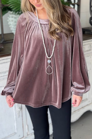 CLEARANCE Velvet Pleated Keyhole Back Bubble Sleeve Top