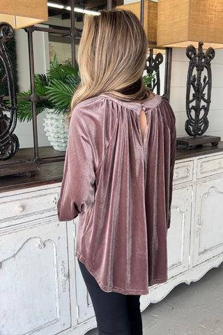 CLEARANCE Velvet Pleated Keyhole Back Bubble Sleeve Top