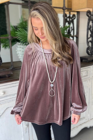 CLEARANCE Velvet Pleated Keyhole Back Bubble Sleeve Top
