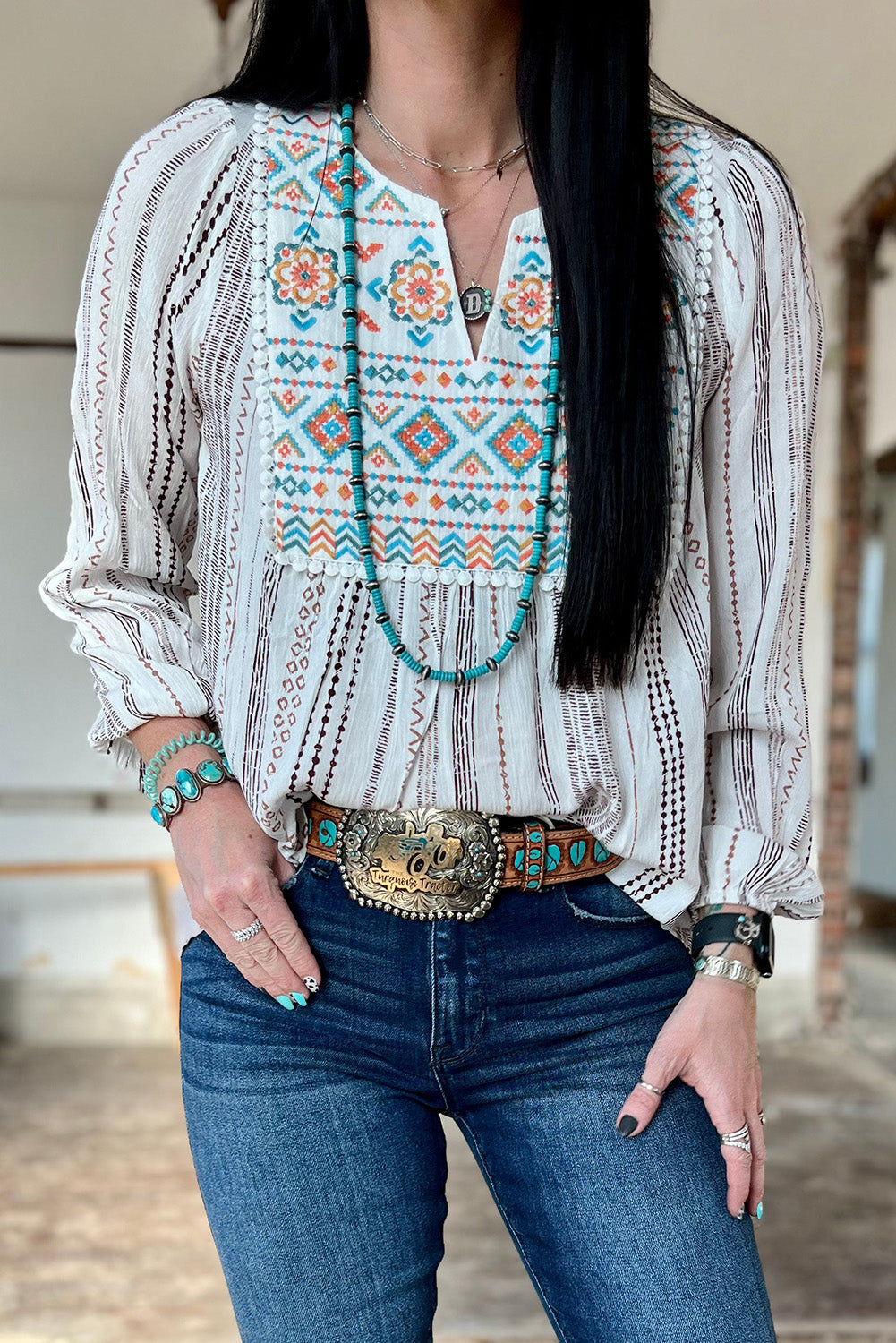 White Notched V Neck Striped Geometric Embroidered Blouse