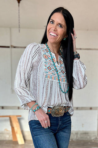 CLEARANCE Notched V Neck Striped Geometric western aztec Embroidered Blouse