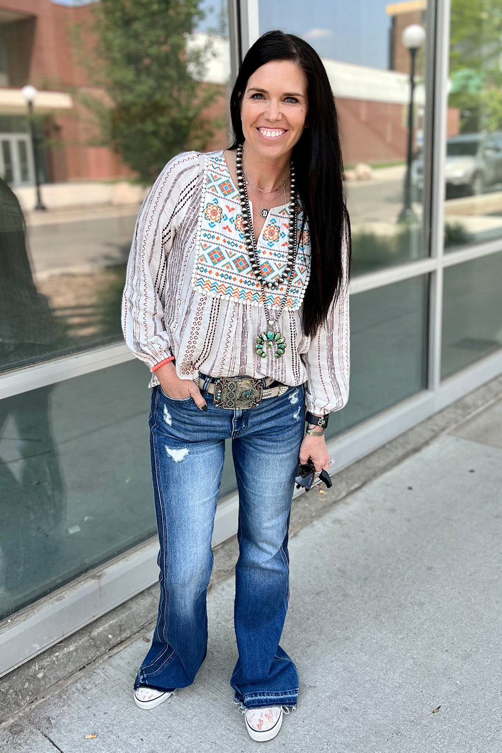 White Notched V Neck Striped Geometric Embroidered Blouse