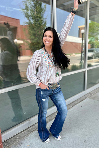 CLEARANCE Notched V Neck Striped Geometric western aztec Embroidered Blouse
