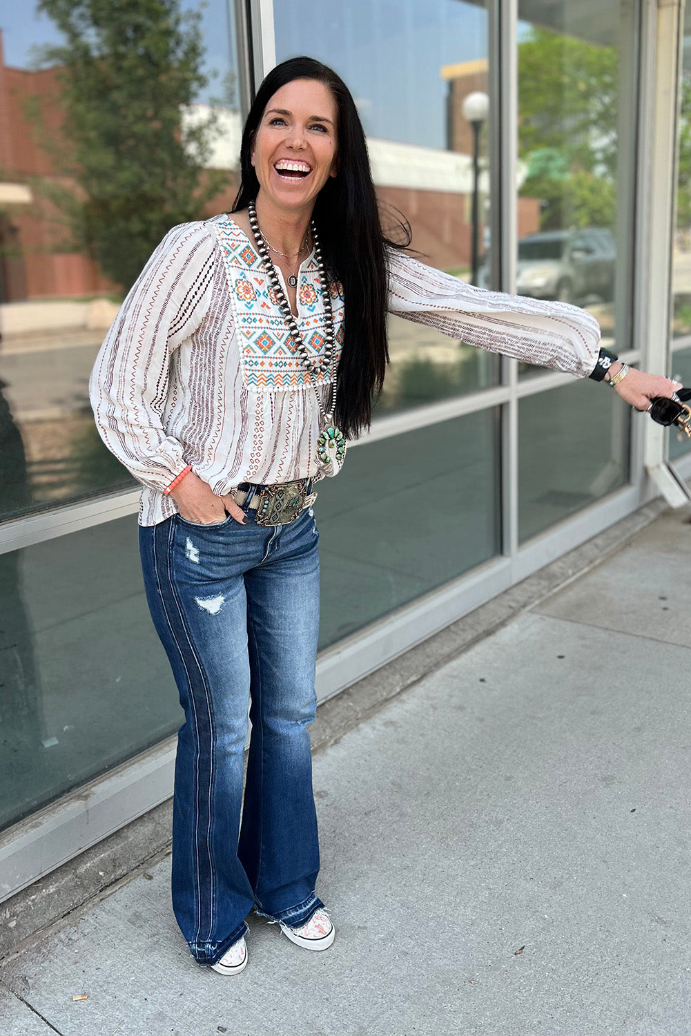 White Notched V Neck Striped Geometric Embroidered Blouse